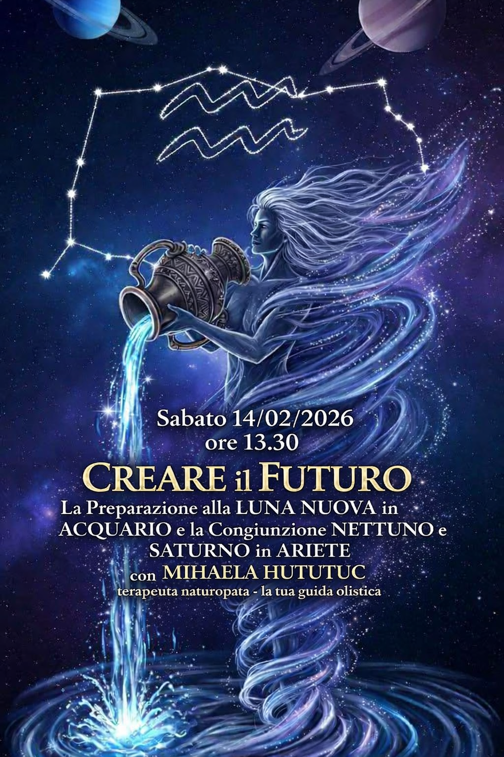 Sabato 14/02/2026 ore 13.30 Creare il Futuro. La Preparazione alla LUNA NUOVA in ACQUARIO e la Congiunzione NETTUNO e SATURNO in ARIETE