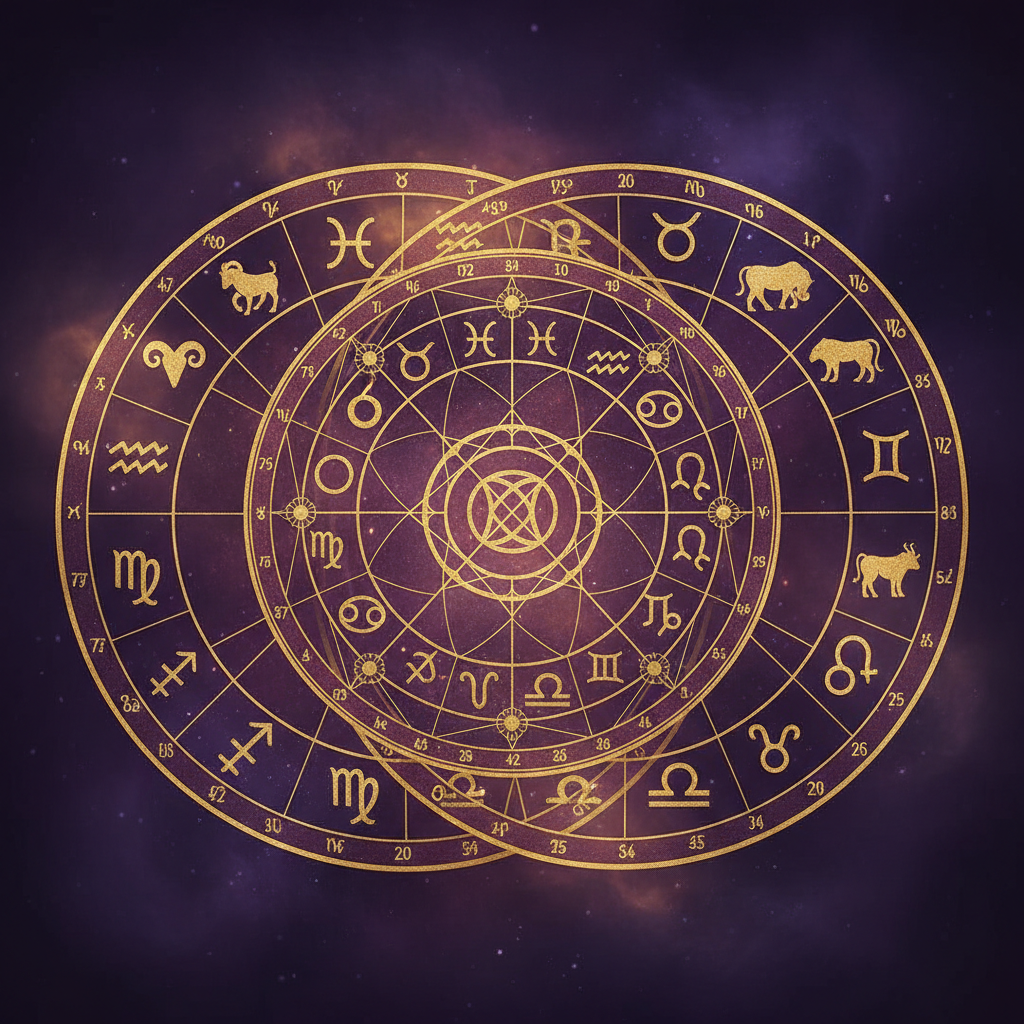 Consulenza Astrologia Sinastria di Coppia - mappa astrale con simboli zodiacali su sfondo viola