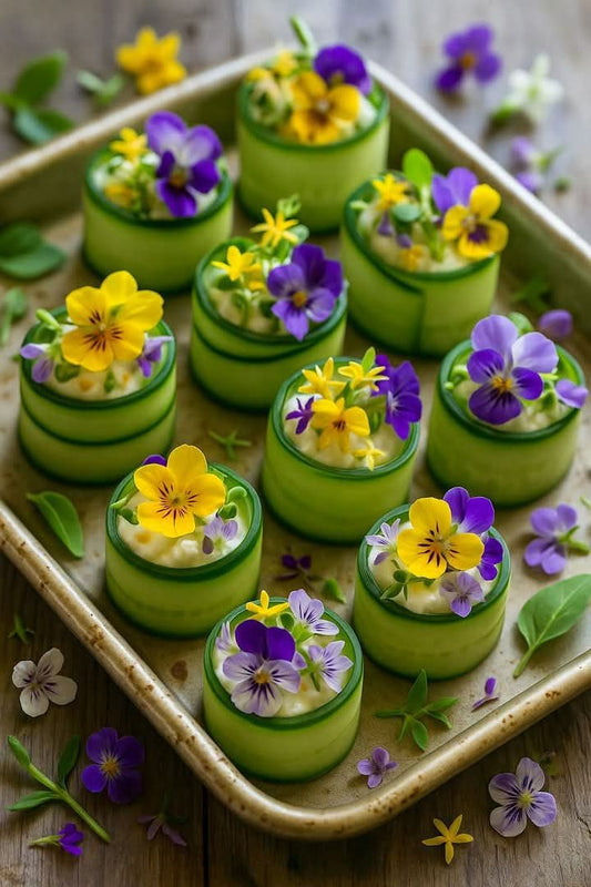 Involtini di cetrioli e mouse di formaggio e fiori eduli